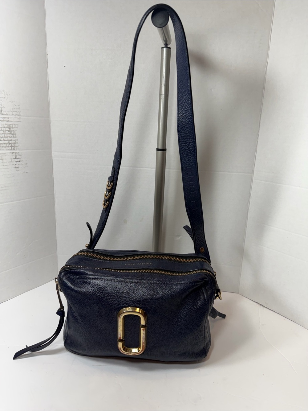Marc Jacobs Navy Pebbled Leather Double-Zip Crossbody with Gold Hardware